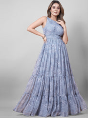 Graceful Grey Printed Sleeveless Maxi Gown