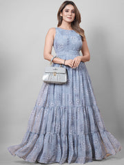 Graceful Grey Printed Sleeveless Maxi Gown