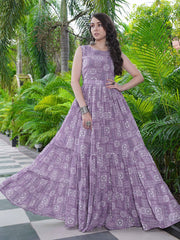 Elegant Lavender Printed Flared Maxi Gown