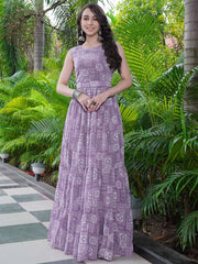 Elegant Lavender Printed Flared Maxi Gown