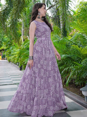 Elegant Lavender Printed Flared Maxi Gown