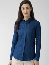 Hide Butten Women’s Classic Blue Denim Shirt with Long Sleeves & Concealed Placket