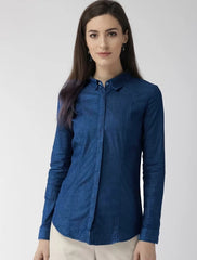Hide Butten Women’s Classic Blue Denim Shirt with Long Sleeves & Concealed Placket