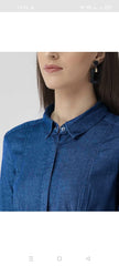 Hide Butten Women’s Classic Blue Denim Shirt with Long Sleeves & Concealed Placket