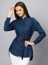 Belt Shirt Women’s Dark Blue Denim Shirt with Waist Belt & Full Sleeves