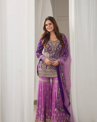 Royal purple embroidered sharara suit with net dupatta