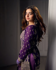 Royal purple embroidered sharara suit with net dupatta