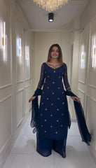 Embroidered Navy Blue Georgette Kurta with Palazzo & Dupatta