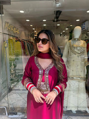Festive Maroon Straight Kurta set with Mirror Work