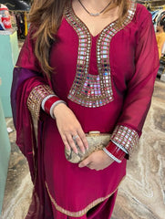 Festive Maroon Straight Kurta set with Mirror Work