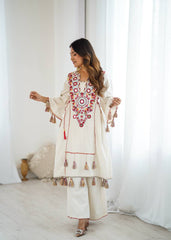 Ivory Cotton Mirror Work Kurta Set with Tassels
