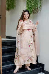 Graceful embroidered ethnic wear in soft pastel with sheer dupatta