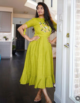 Lime Green Floral Embroidered Midi Dress