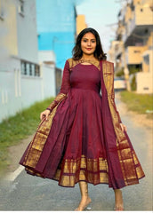 Regal Anarkali Gown with Traditional Zari Border & Dupatta