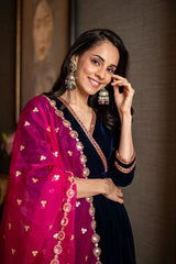 Royal Blue Velvet Angrakha Anarkali Set with Pink Dupatta