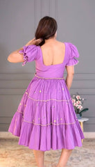 Lavender Floral Embroidered Puff Sleeve Tunic Dress