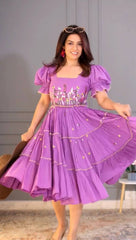 Lavender Floral Embroidered Puff Sleeve Tunic Dress