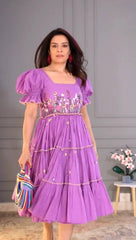 Lavender Floral Embroidered Puff Sleeve Tunic Dress