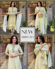 Stylish Ivory Green Kurta Set with Dupatta & Pants
