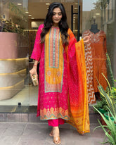 Vibrant Pink & Orange Printed Suit with Ethnic Dupatta