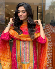 Vibrant Pink & Orange Printed Suit with Ethnic Dupatta