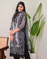 Elegant Organza Silk Black & Grey Printed Suit with Dupatta