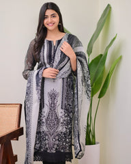 Elegant Organza Silk Black & Grey Printed Suit with Dupatta