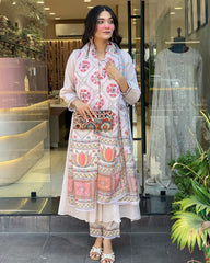 Pastel-Toned Set Crafted Mul Chanderi 3 Pcs Suit Set