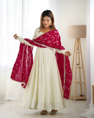 Elegant White Anarkali with Contrast Red Printed Dupatta
