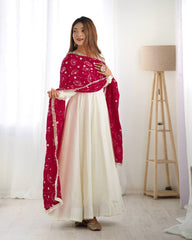 Elegant White Anarkali with Contrast Red Printed Dupatta