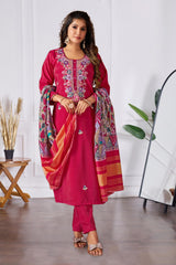 Magenta Chanderi Silk Suit with Floral Printed Dupatta & Pants