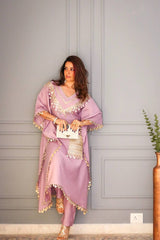 Lilac Kaftan & Pant Set with Golden Detailing