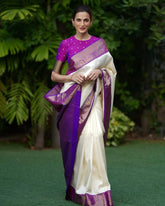 Elegant White Silk Saree with Purple Border