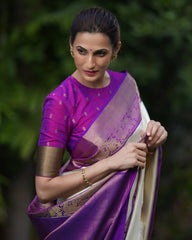 Elegant White Silk Saree with Purple Border
