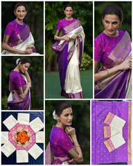 Elegant White Silk Saree with Purple Border
