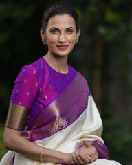 Elegant White Silk Saree with Purple Border