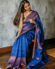 Royal Blue Soft Lilan Slab Saree with Copper Zari Border
