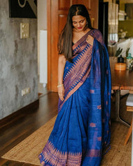 Royal Blue Soft Lilan Slab Saree with Copper Zari Border