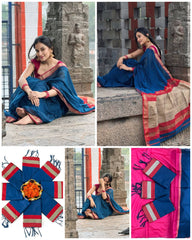 Elegant Navy Blue Saree with Red & Golden Zari Border