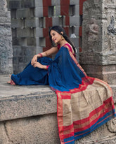 Elegant Navy Blue Saree with Red & Golden Zari Border