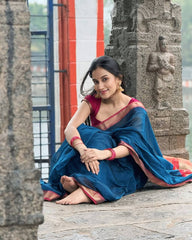 Elegant Navy Blue Saree with Red & Golden Zari Border