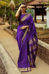 Royal Purple Silk Saree with Golden Zari Border
