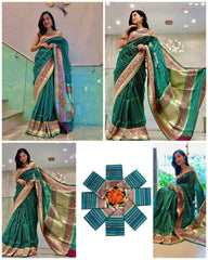 Elegant Green Silk Saree with Golden Zari Border and Pallu