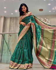 Elegant Green Silk Saree with Golden Zari Border and Pallu