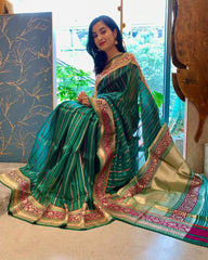 Elegant Green Silk Saree with Golden Zari Border and Pallu