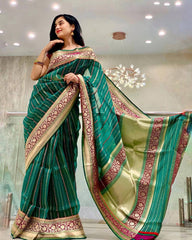 Elegant Green Silk Saree with Golden Zari Border and Pallu