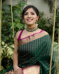 Elegant Green Banarasi Silk Saree with Golden Zari Work