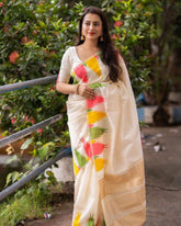 Elegant Off-White Cotton Saree with Multicolor Ikat Print