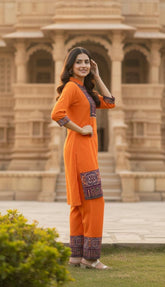 Vibrant Orange Printed 2-Piece Suit