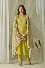 Lime Green Chanderi Silk Suit with Floral Dupatta & Pants